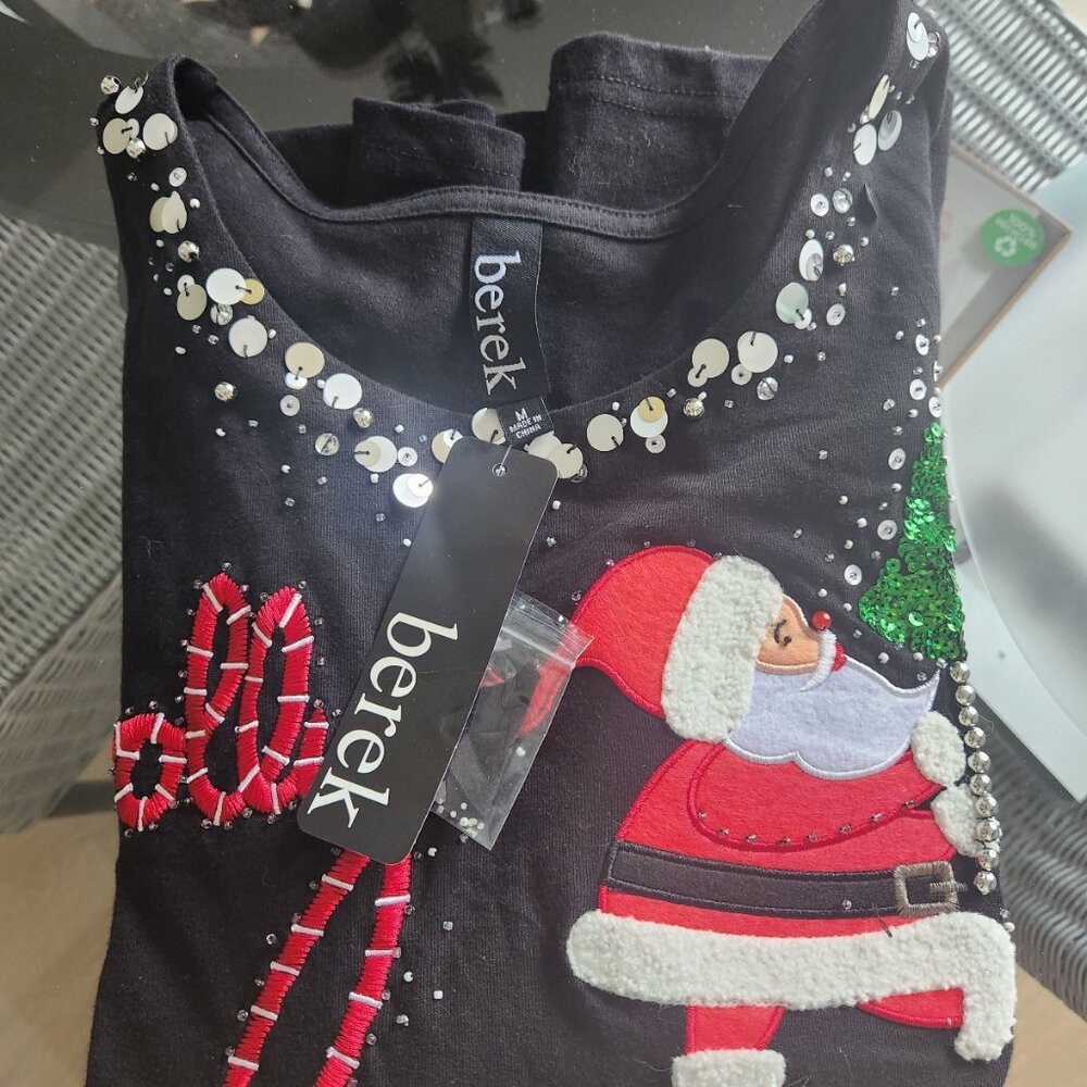 BEREK ~ Long Sleeve Christmas Tee ~ JOLLY Sequined Santa ~ Sz M ~ V neck ~ NWT!